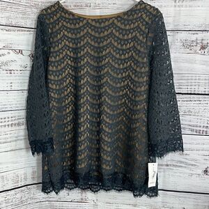 Charter club Top womens Size Medium Lace Blouse Preppy Scallop Trim Gray New